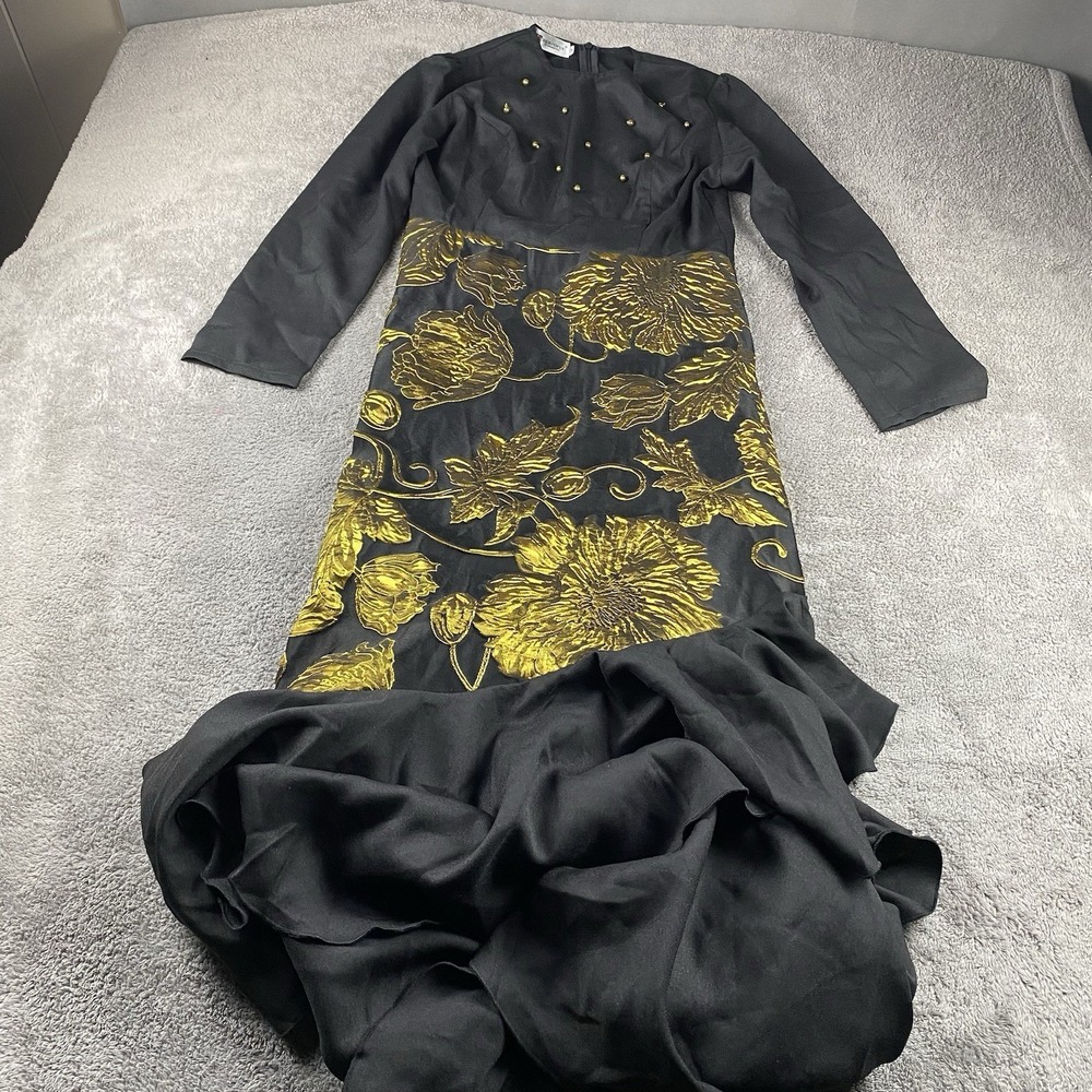 Beautifly Long‎ Maxi Dress Womens Medium Black Gold Floral Long Sleeve